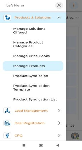 Manage Products sub-menu selected and View Products list showing Product Name, Product Type, SKU, Solution Offered Name, Category, Active