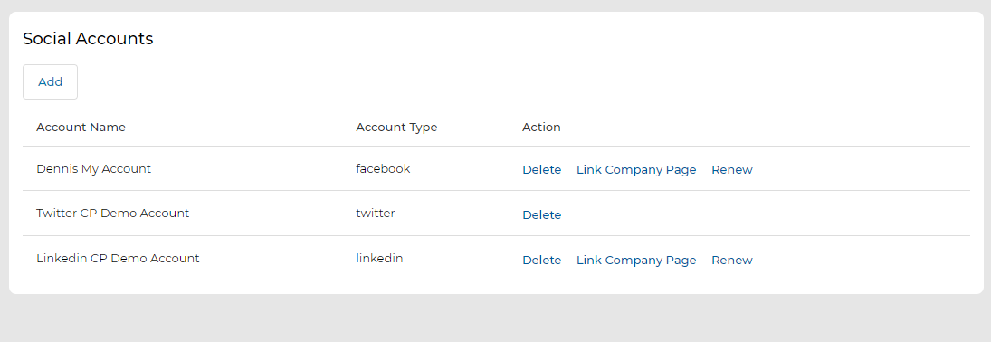 Social Accounts page — Add button to create a new account