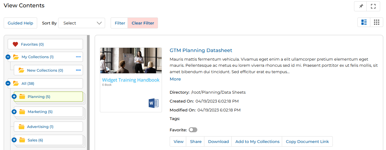 View Contents list view showing GTM Planning Datasheet with Favorite toggle, View Share Download Add to My Collections Copy Document Link buttons
