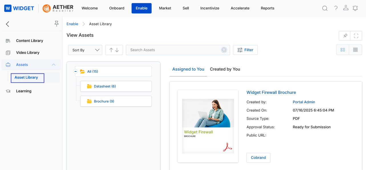 View Assets page showing Cobrand button visible in list view for Widget Firewall Brochure