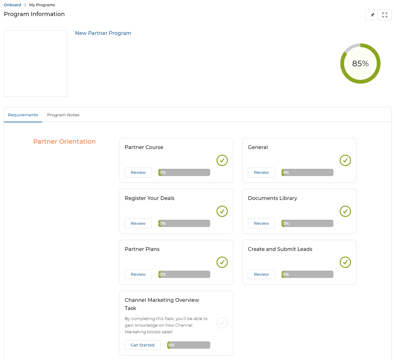 Program Information — New Partner Program at 85%; Partner Orientation level showing tasks; Channel Marketing Overview Task has Get Started button