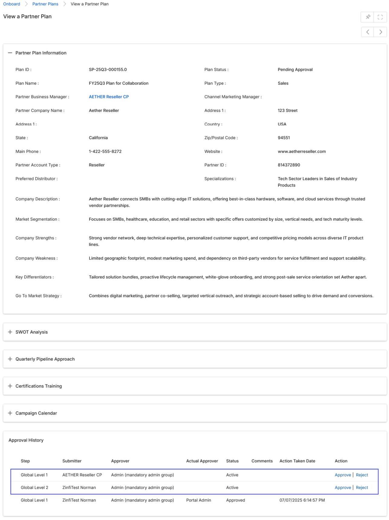 View a Partner Plan — Approval History section showing Global Level 1 and Global Level 2 steps with Approve and Reject action links