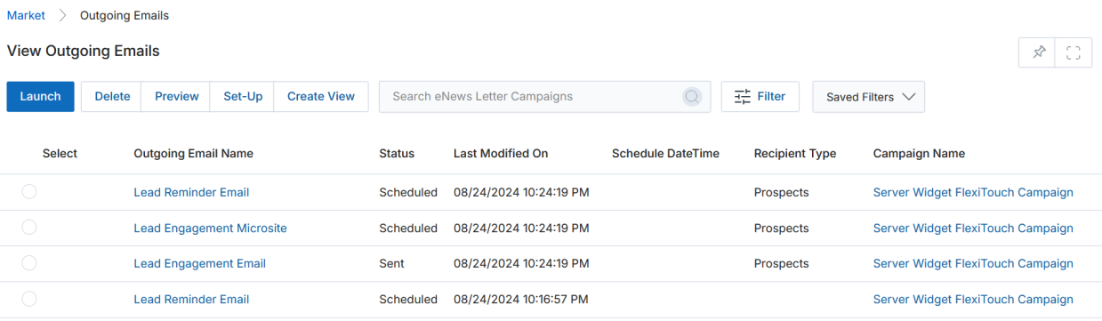 Market section navigation with Emails expanded showing Outgoing Emails, Email Templates, Mailing Lists, Test Mailing Lists, Senders, and Unsubscribe Messaging