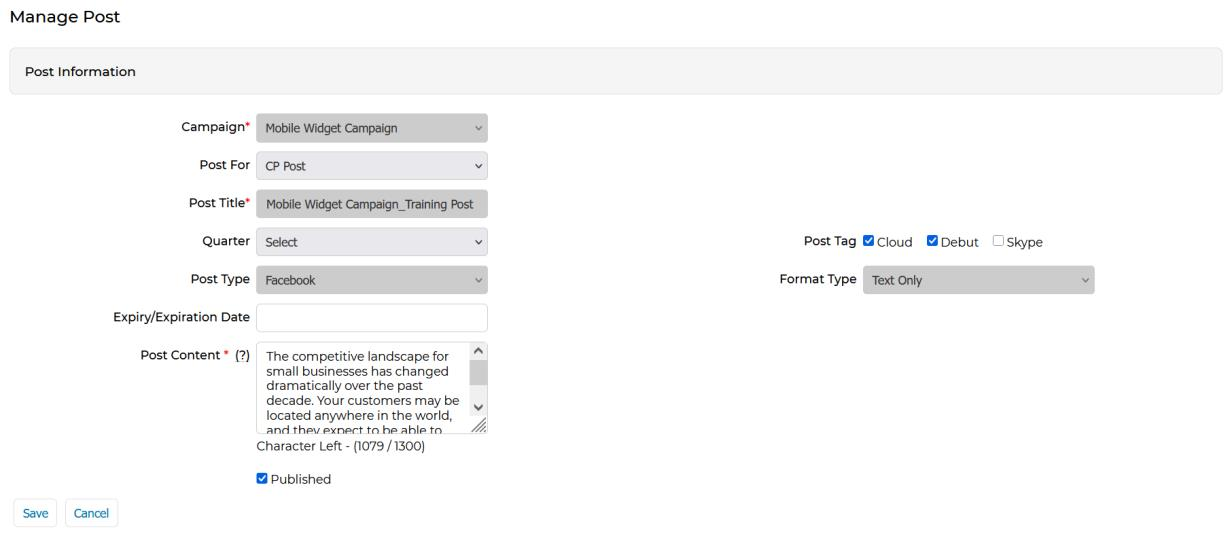 Manage Post form showing Campaign dropdown, Post For, Post Title, Quarter, Post Type (Facebook), Expiry/Expiration Date, Post Content textarea with character count, Post Tag checkboxes (Cloud, Debut, Skype), Format Type dropdown, and Published checkbox with Save and Cancel buttons