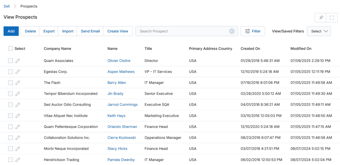 View Prospects list with action bar