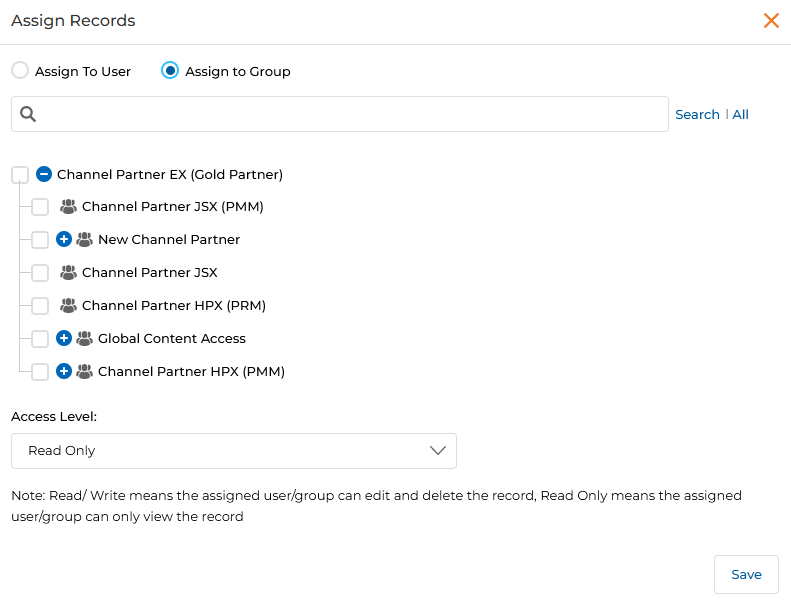 Assign Records dialog — Assign to User or Group with Access Level options