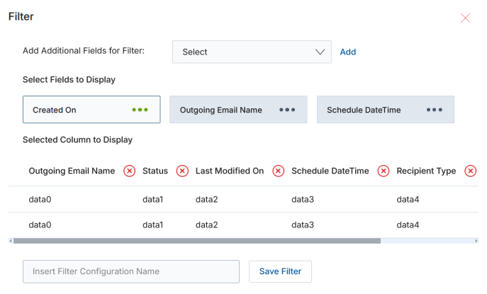 Filter configuration popup with Add Additional Fields dropdown, Select Fields to Display chips, and Selected Column to Display preview table