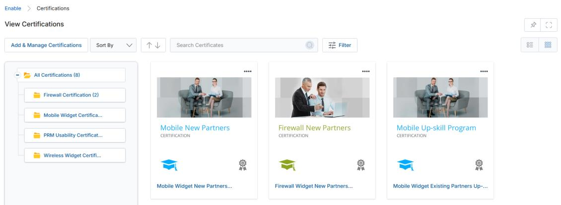 View Certifications page showing grid thumbnail view with certification cards: Mobile New Partners, Firewall New Partners, and Mobile Up-skill Program, and a category tree on the left