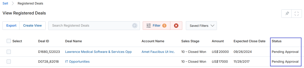View Registered Deals — two deals showing Pending Approval status: Lawrence Medical Software & Services Opp and IT Opportunities, with Filter badge active in toolbar