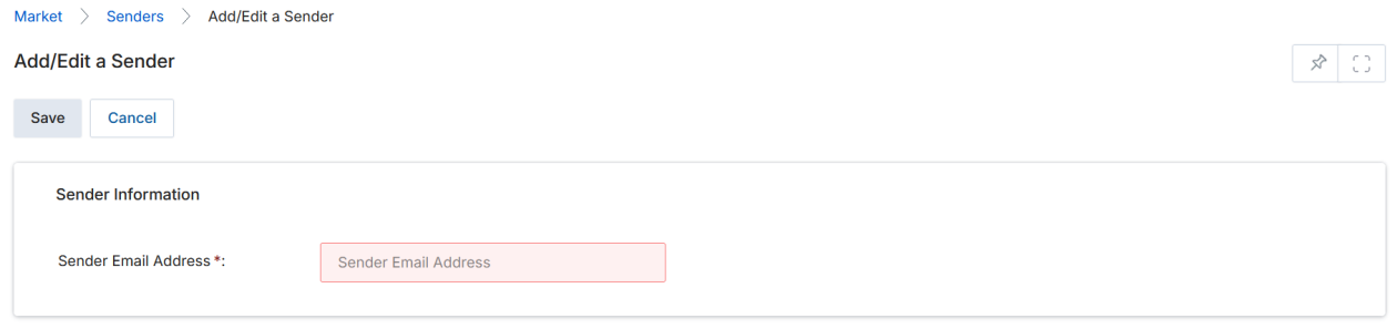Add/Edit a Sender form with a single required field: Sender Email Address text input with a red required border, and Save and Cancel buttons
