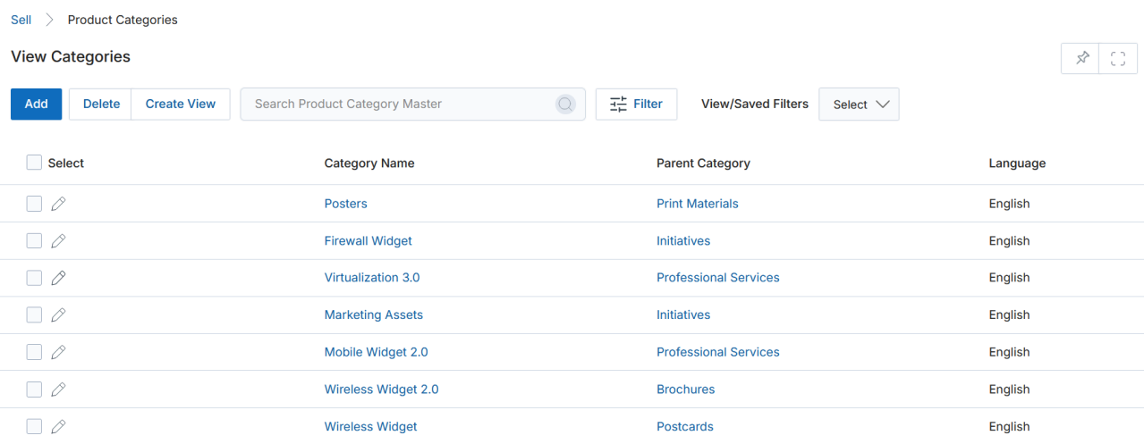 Filter panel — Category Name, Country, Description, Language, Parent Category, Short Description fields available for selection
