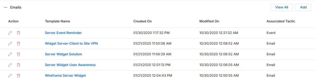 Events section with Add button showing Server Widget Partner Event and Server Widget Event rows