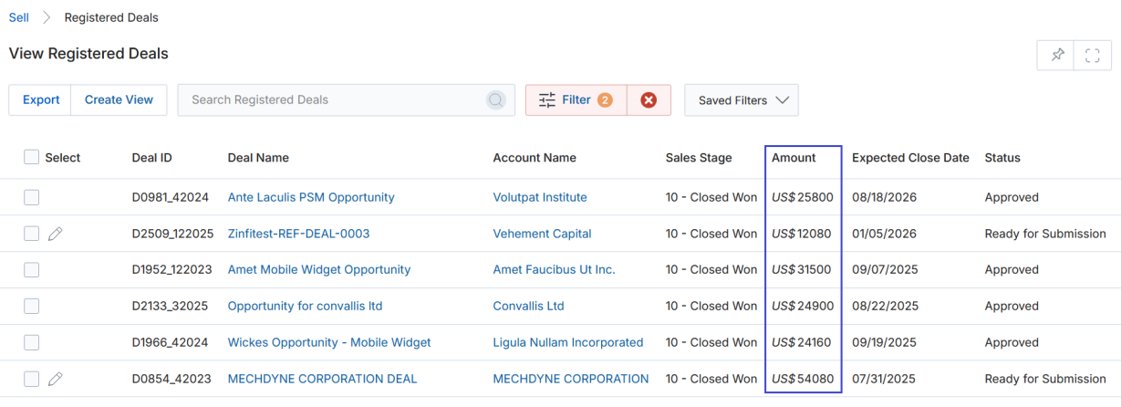 View Registered Deals — full unfiltered list restored after Clear Filter, showing all deals including those in Ready for Submission, Approved, and other statuses