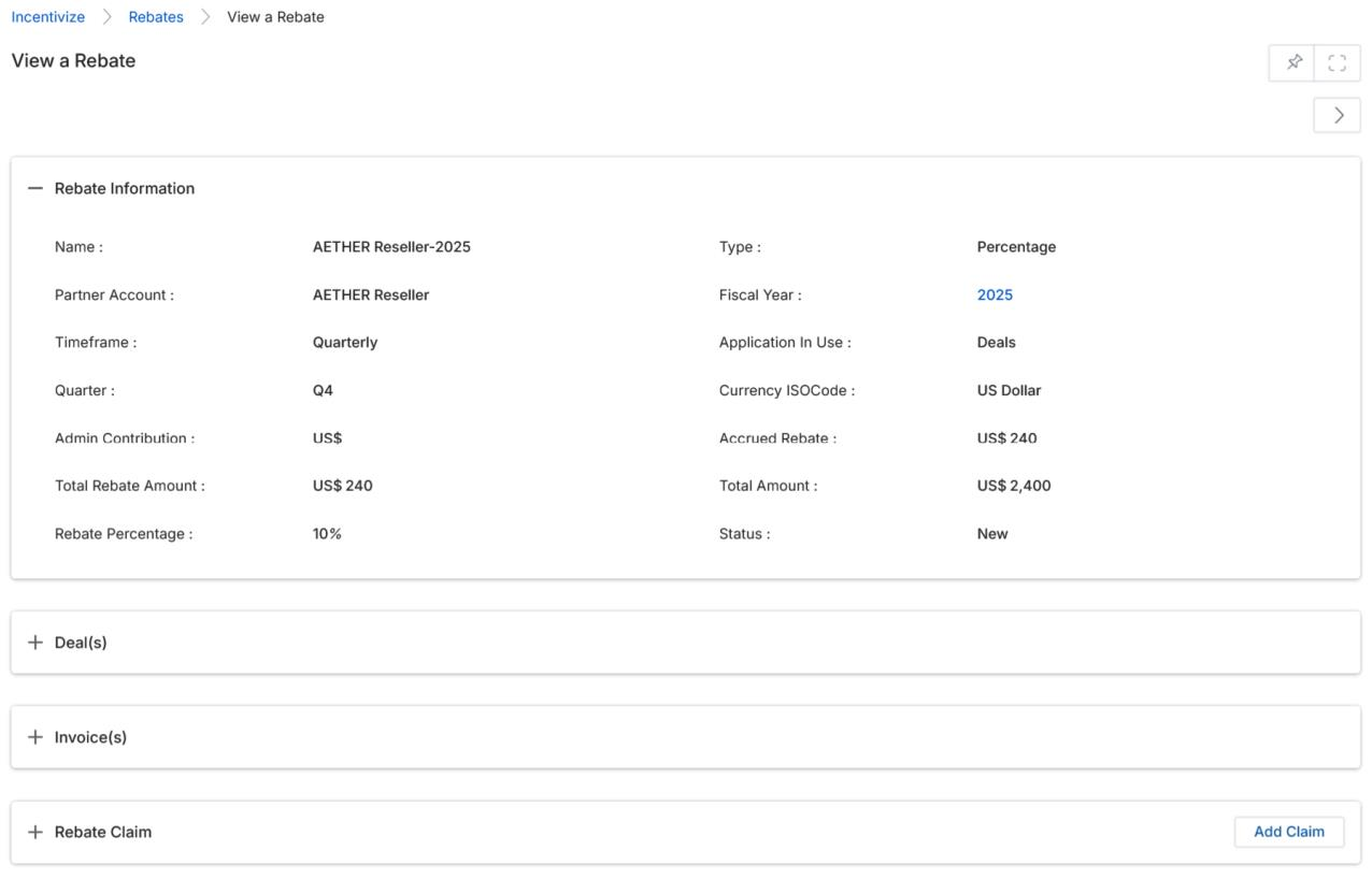 View a Rebate — detail page showing Rebate Information section with all fields, and Deal(s), Invoice(s), and Rebate Claim (Add Claim) collapsible sections