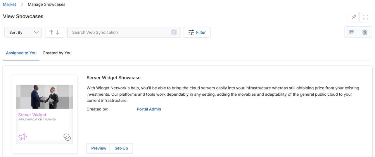 View Showcases page showing the Server Widget Showcase entry under Assigned to You with Preview and Set-Up buttons