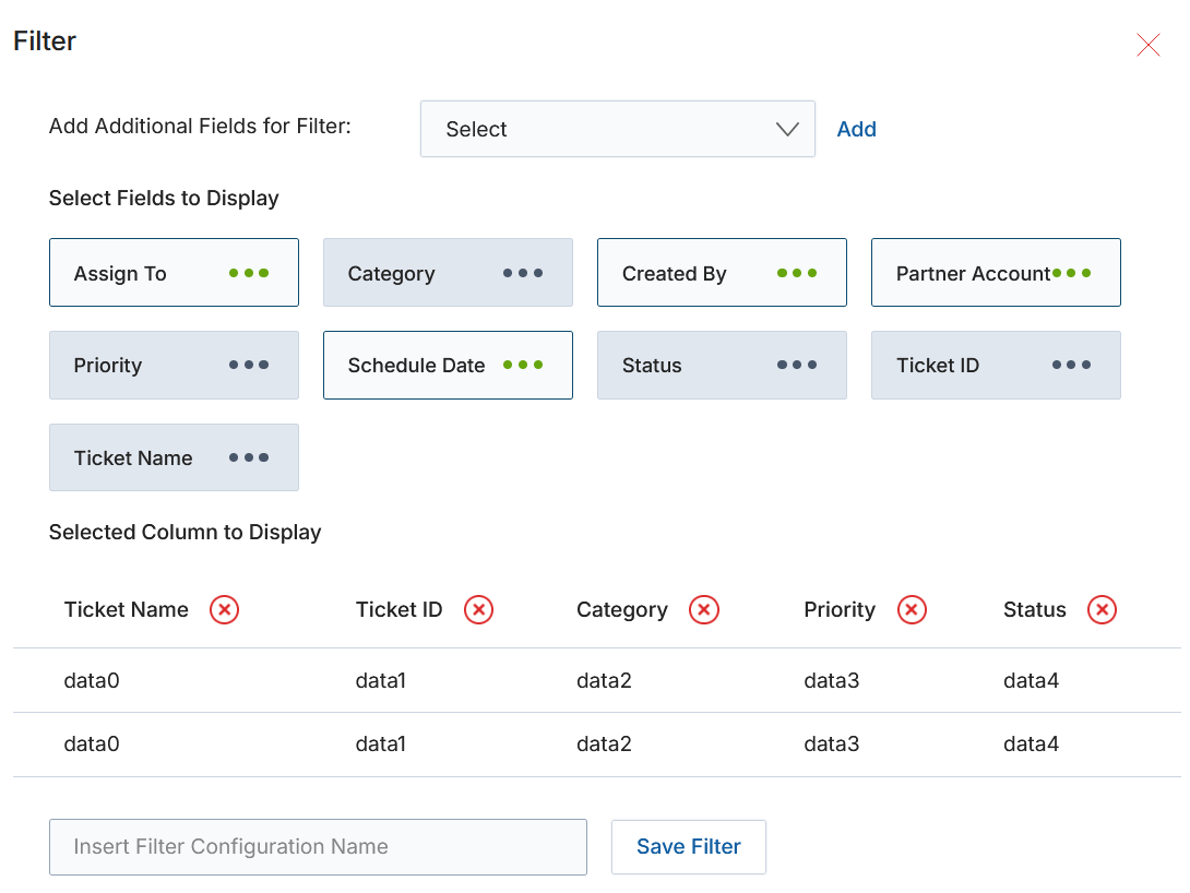 Filter dialog showing Add Additional Fields for Filter dropdown, Select Fields to Display section with green dot buttons for Assign To, Category, Created By, Partner Account, Priority, Schedule Date, Status, Ticket ID, Ticket Name; Selected Column to Display showing Ticket Name, Ticket ID, Category, Priority, Status with remove X buttons and preview data rows; Insert Filter Configuration Name field and Save Filter button at bottom