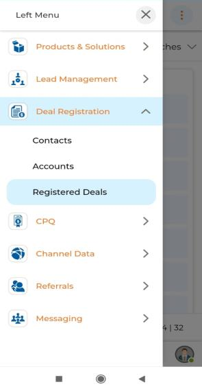 Deal Registration sub-menu and View Registered Deals list showing Deal ID, Deal Name, Account, Sales Stage, Amount, Expected Close Date, Status