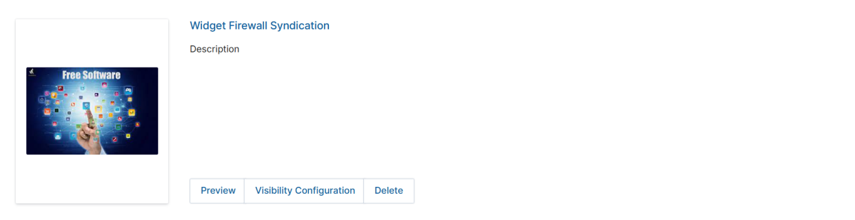 View Showcase — Manage Content button selected on the Widget Firewall Syndication detail page