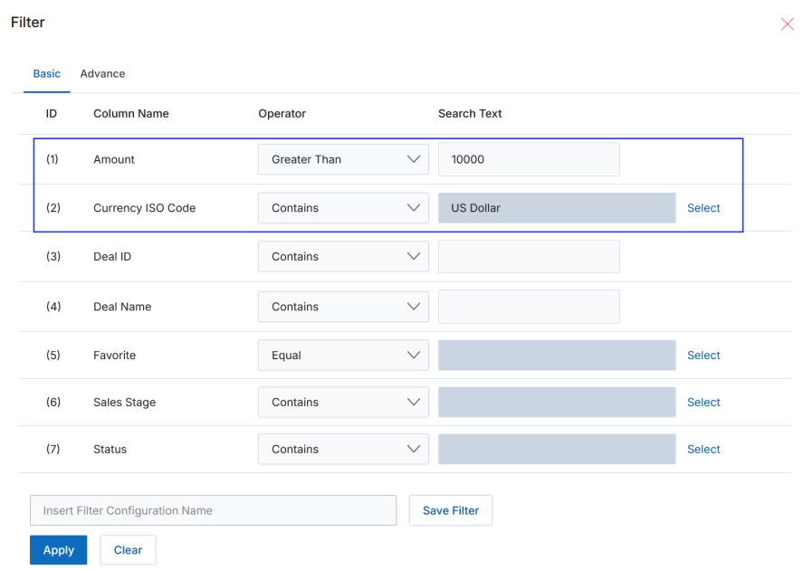 Basic Search filter with Amount set to Greater Than 10000 and Currency ISO Code set to US Dollar, with Apply and Clear buttons