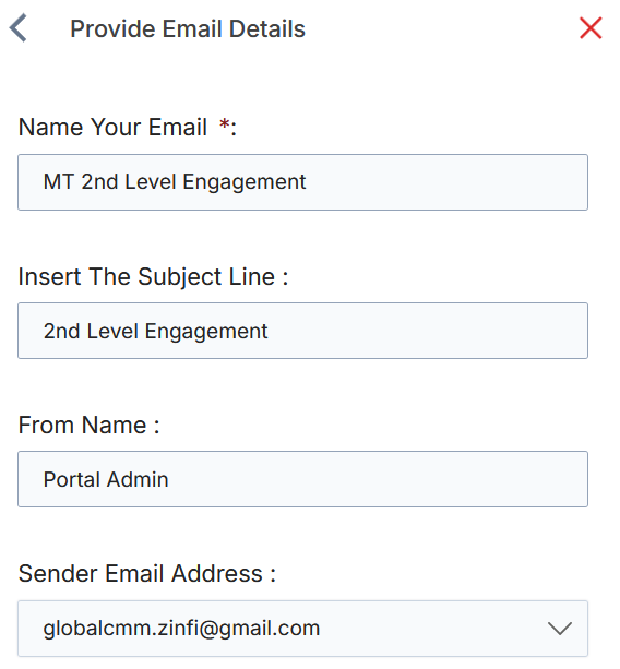 Provide Email Details slide-out panel showing Name Your Email (MT 2nd Level Engagement), Insert Subject Line (2nd Level Engagement), From Name (Portal Admin) and Sender Email Address (globalcmm.zinfi@gmail.com)