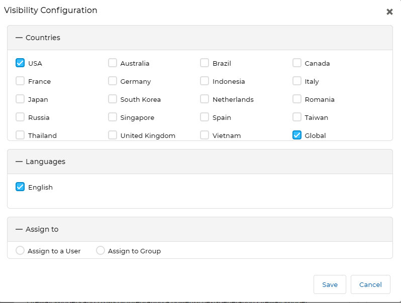 Showcase Visibility Configuration popup — Countries, Languages, and Assign to sections