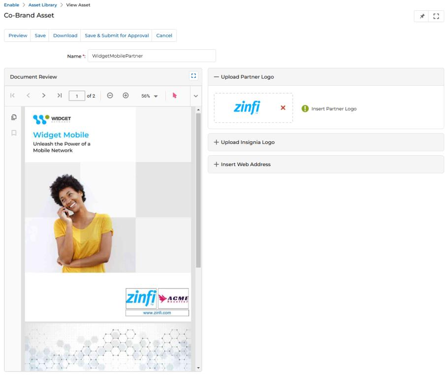 Co-Brand Asset page after saving, showing ZINFI logo in Upload Partner Logo section and document preview with co-branded logo in footer