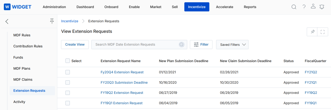 View Extension Requests listing with Extension Request Name, New Plan Submission Deadline, New Claim Submission Deadline, Status, and Fiscal Quarter columns