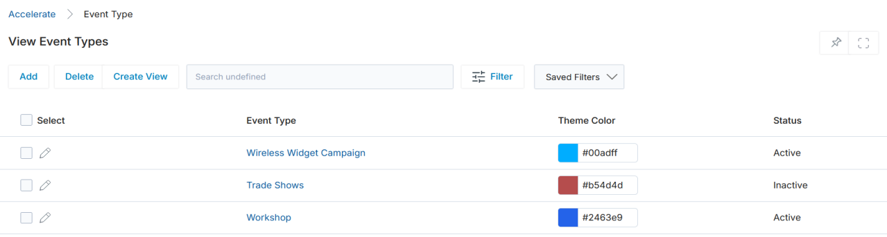 View Event Types list updated with Wireless Widget Campaign at the top, showing its cyan color swatch and Active status