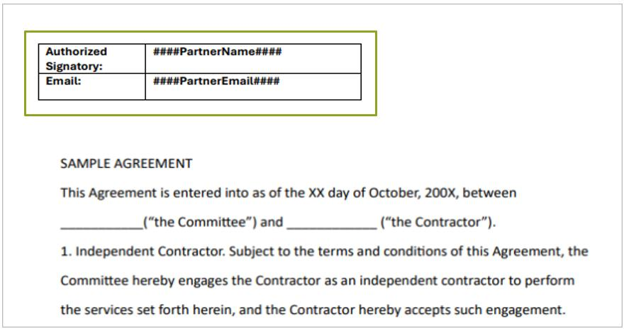 Contract template preview showing ####PartnerName#### and ####PartnerEmail#### hashtags in the Authorized Signatory section