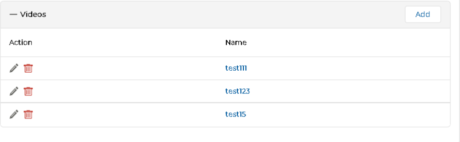 Videos related list — video names with edit and delete actions