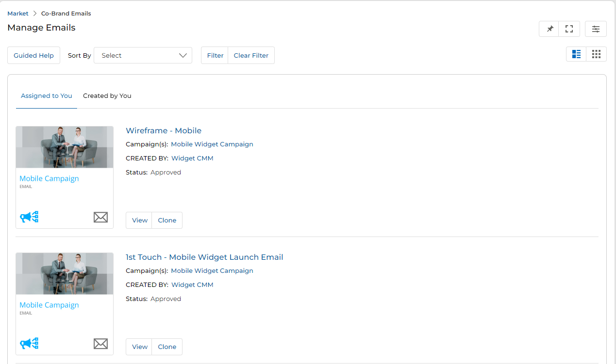 View Email Templates Assigned to You tab showing two template cards: 'Wireframe – Mobile' (Mobile Widget Campaign, Widget CMM, Status: Approved) and '1st Touch – Mobile Widget Launch Email' (Mobile Widget Campaign, Widget CMM, Status: Approved), each with View and Clone buttons. Clone is highlighted on the second card.
