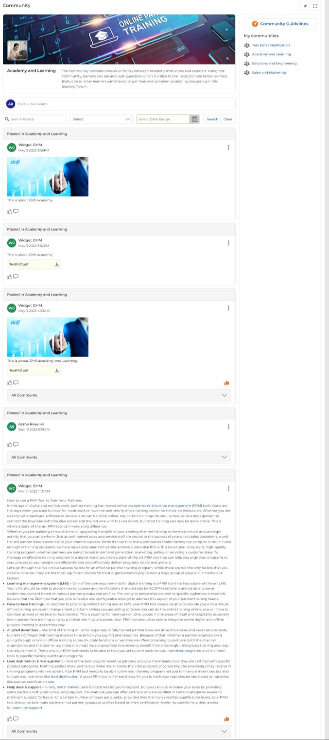 Full Community page with left discussion feed and right-hand community list panel