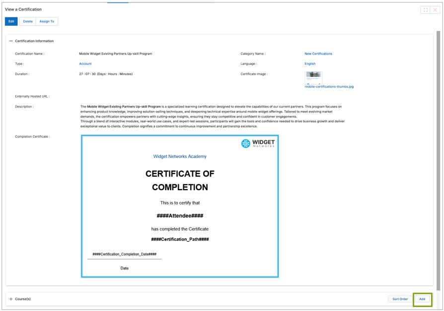 View a Certification details panel showing Certification Information, Completion Certificate preview, and Course(s) related list with Add button highlighted