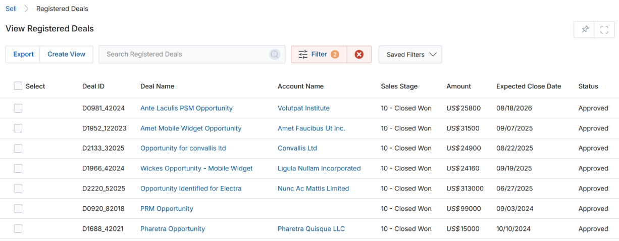 View Registered Deals — Advanced Search results showing multiple Approved deals filtered from the full list, with Filter badge count in the toolbar