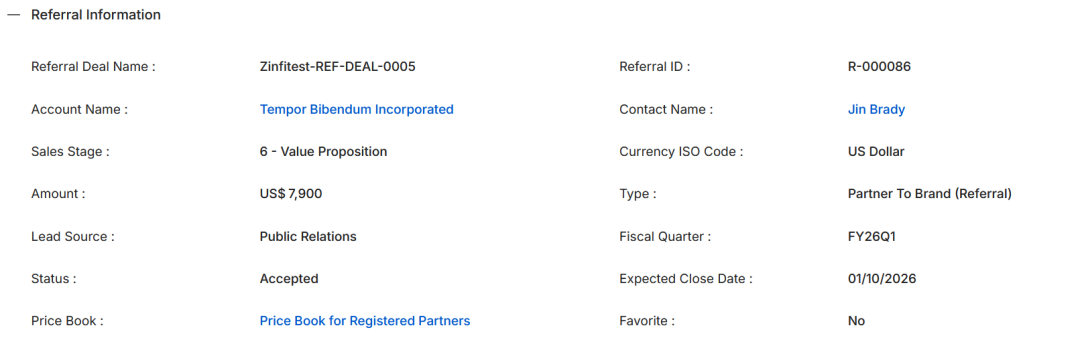 Referral Information section showing fields: Referral Deal Name, Referral ID, Account Name, Contact Name, Sales Stage, Currency ISO Code, Amount, Type, Lead Source, Fiscal Quarter, Status, Expected Close Date, Price Book, Favorite