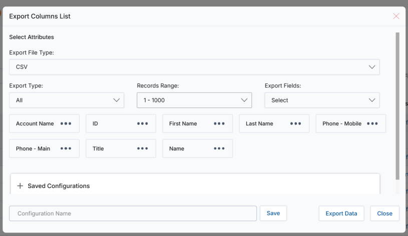 Export Contacts — Selected Records export mode