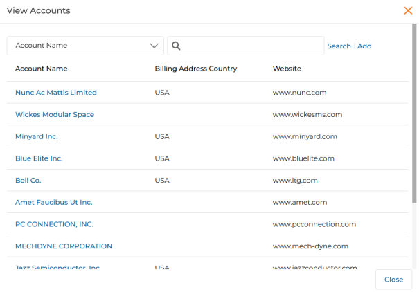View Accounts picker dialog