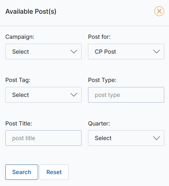 Available Posts search filter panel with Campaign, Post for (CP Post), Post Tag, Post Type, Post Title, and Quarter dropdown fields plus Search and Reset buttons