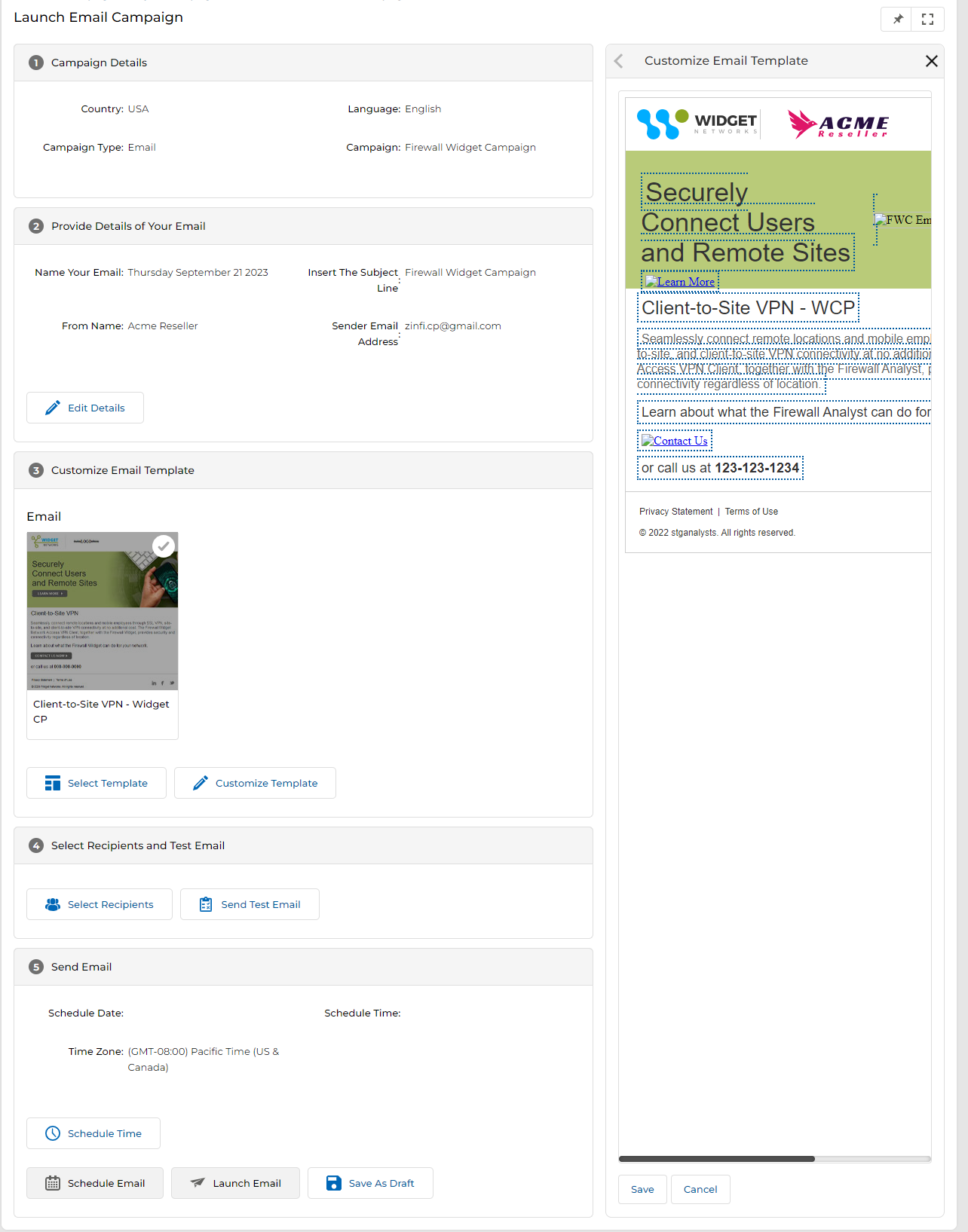 Launch Email Campaign page with Customize Email Template panel open showing a co-branded email template with WIDGET and ACME logos, dotted-line editable areas highlighted in green and blue