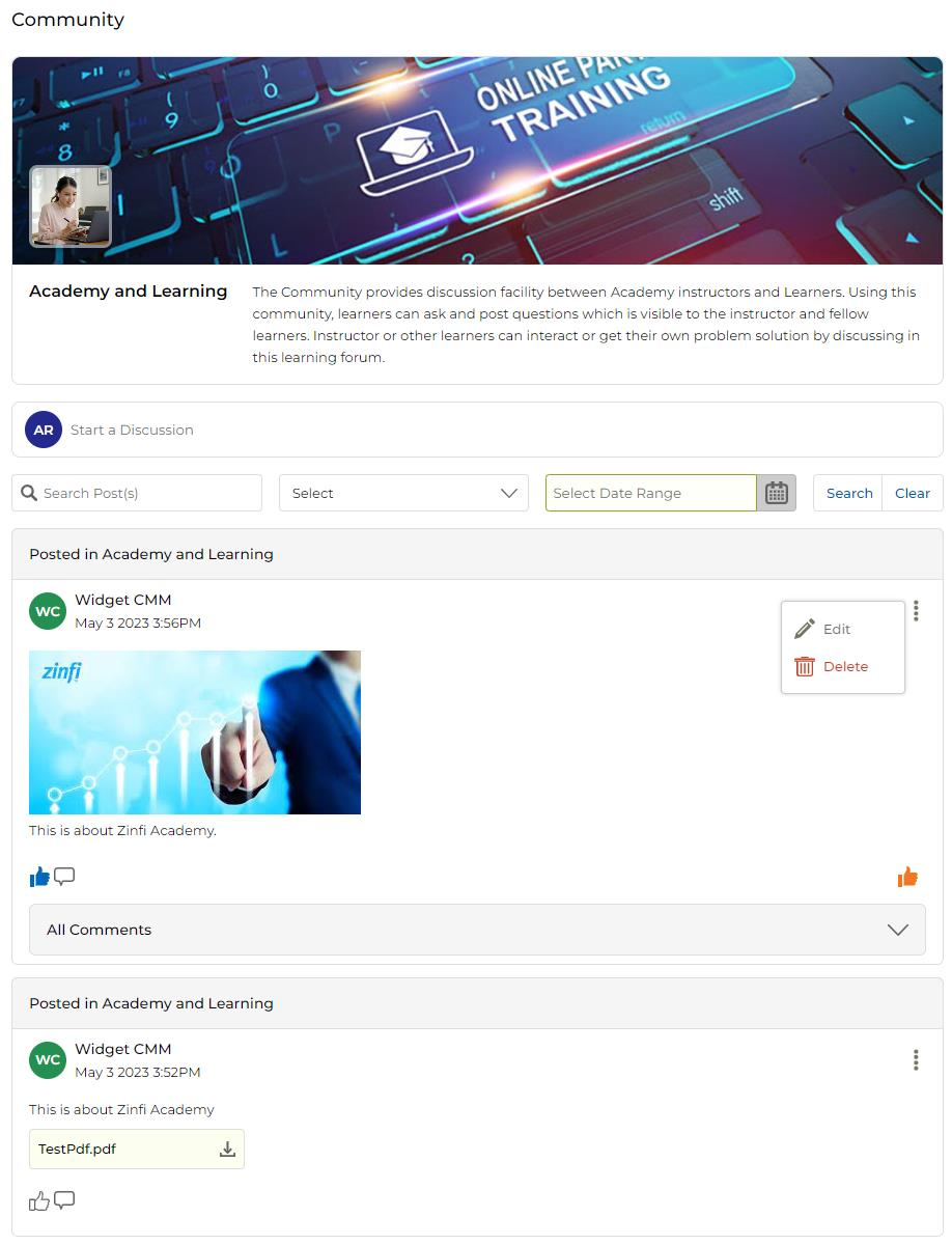 Community page showing a post with the three-dot menu open revealing Edit and Delete options