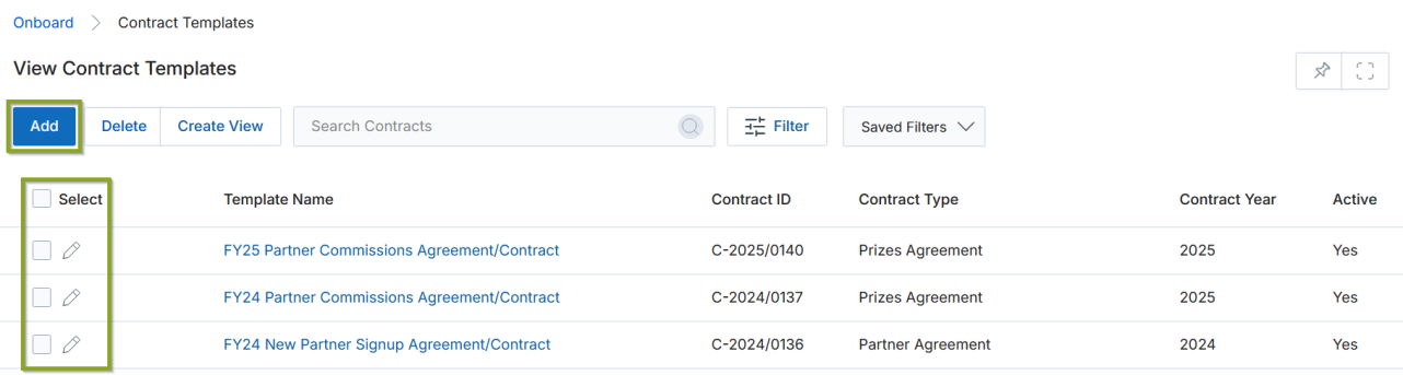 View Contract Templates — Add button highlighted in the toolbar