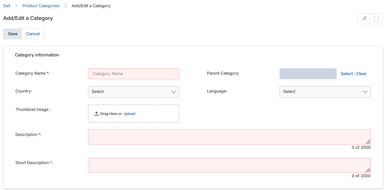 Add/Edit a Category — Category Information form with Name, Parent Category, Country, Language, Thumbnail Image, Description, Short Description fields