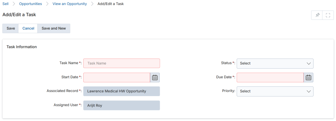 Add/Edit an Opportunity form — Opportunity Information and Sales Contact Information sections