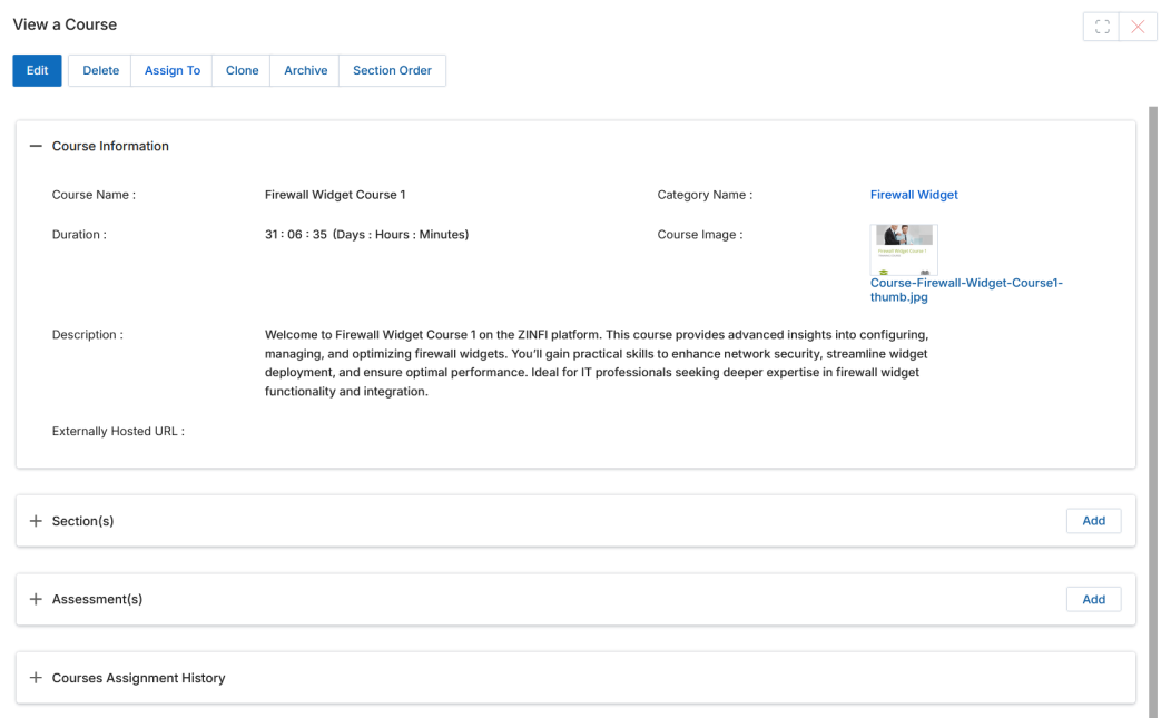 View a Course panel showing Course Information section with Course Name, Category, Duration, Course Image, and Description, plus Section(s), Assessment(s), and Courses Assignment History sub-sections