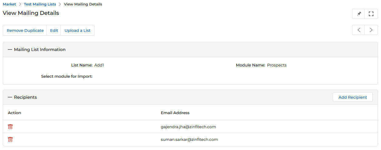 View Test Mailing Lists page with Delete button, filter, saved filters, and a table showing Add2 (Prospects, 1 recipient) and Add1 (Prospects, 2 recipients)
