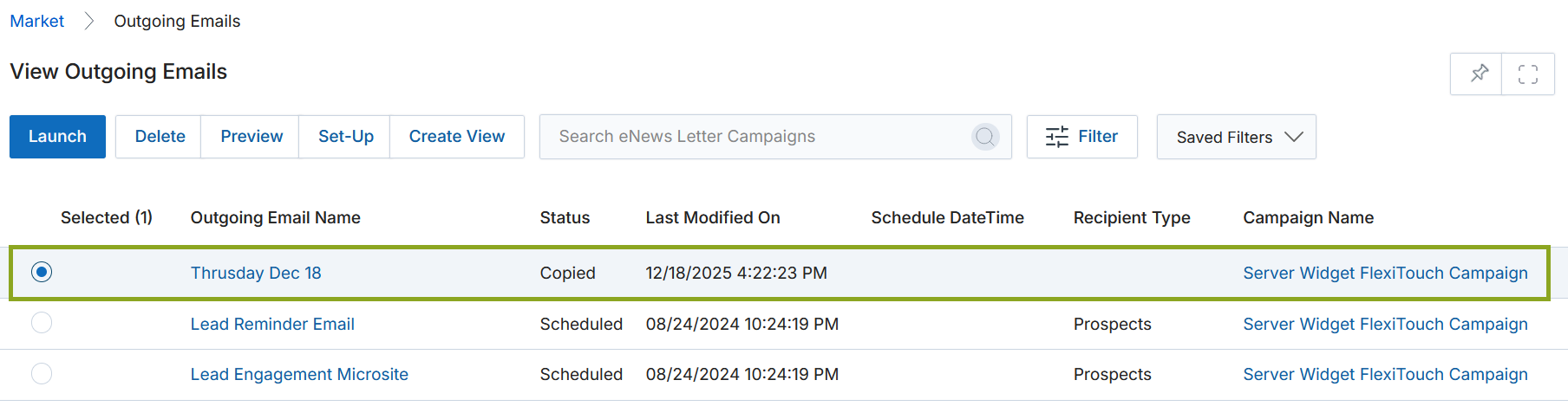 Launch Email Campaign page with five numbered sections: Campaign Details, Provide Details of Your Email, Customize Email Template, Select Recipients and Test Email, and Send Email