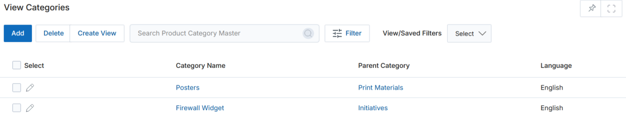 View Categories — listing with Add and Create View toolbar