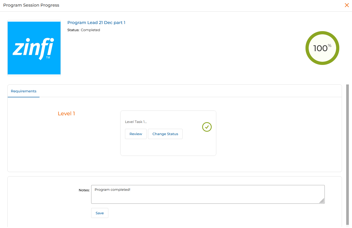 View a My Program Level Task page — completed task details with Review and requirement checkmarks