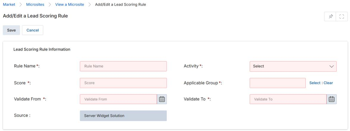 Lead Scoring Rules section — table listing Score for Form Submission rule with Validate From and Validate To dates