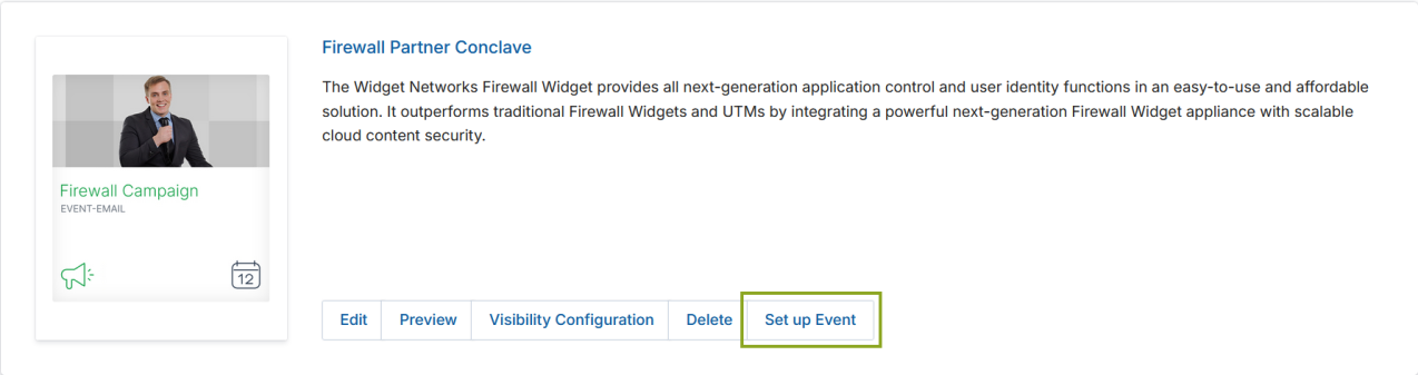 Set up Event button highlighted on an event card in the View Events list